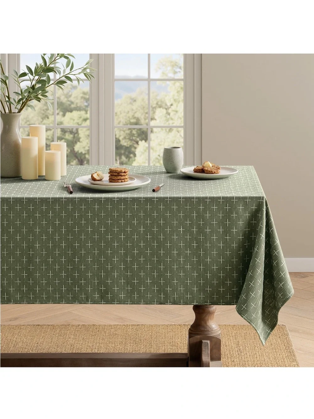 NEW MIULEE Olive Green Tablecloth Waterproof Spring Spillproof Cross-Star